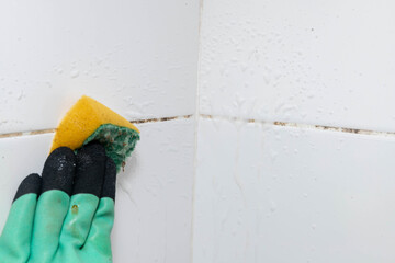 Dirty joints between the tiles, cleaning agent and hands in black gloves in the bathroom. © Uladzislau