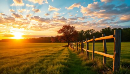 Obraz premium Sunset scene with a wooden fence, a tree, green grass, and a vibrant sky at dusk.