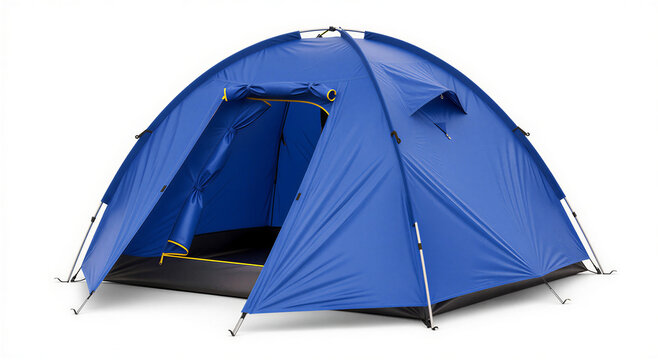 tourist tent on white background. A blue tent is set up on a plain white background for outdoor camping adventures 