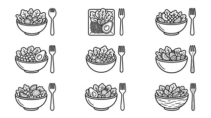Minimalist Line Art Vector Icon Set of Healthy Vegan Salad Bowls with Forks. Black and White Grid Layout Featuring Unique Fresh Vegetable, Fruit, and Grain Salad Bowls for Menu Design and Web.