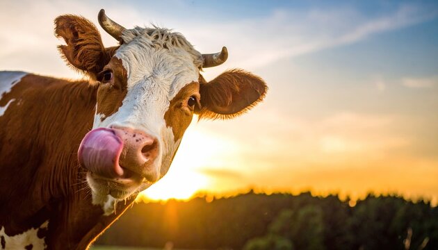 Close-up portrait of a brown and white cow licking its nose at golden sunset light