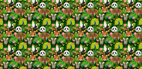Naklejka premium Wild Animal Pattern: A vibrant and colorful pattern featuring a diverse array of adorable wildlife nestled amidst lush green foliage. Capturing the spirit of the rainforest's inhabitants and life.