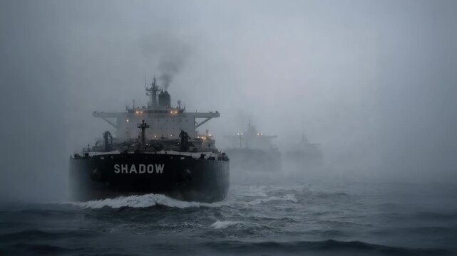 Sanctioned oil tankers navigating through dense fog. Group of shadow fleet vessels moving across choppy ocean waters. Lockdown wide shot.