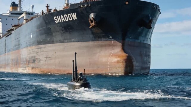Naval submarine patrolling near shadow fleet oil tanker. Maritime security operation monitoring commercial vessel at sea.