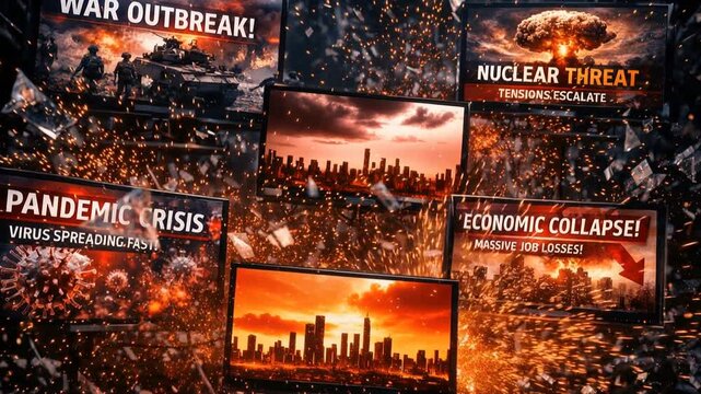 Media screens displaying global crisis headlines amid shattered glass and sparks. Panning shot of breaking news reports on war, recession, and pandemic.