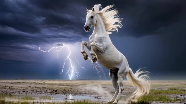 A majestic white horse rears up on its hind legs in a shallow pool of water as a powerful lightning bolt strikes beneath a dark and dramatic storm sky