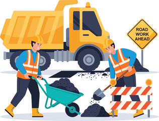 Flat vector illustration of two construction workers in safety gear repairing a road with a dump truck wheelbarrow shovel and warning sign.