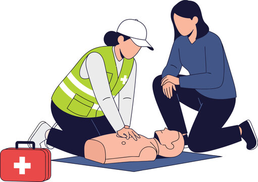 First aid instructor in a safety vest demonstrating CPR chest compressions on a training dummy to a student.