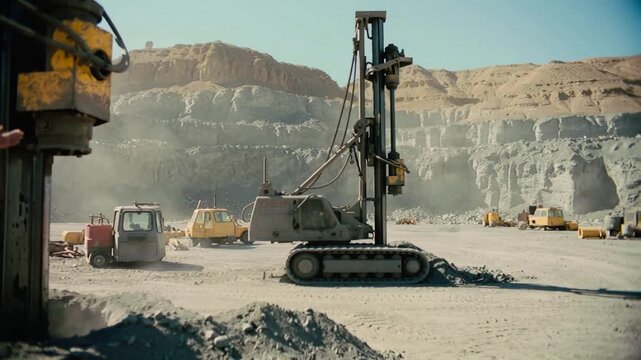 Construction worker monitoring drilling rig at open pit quarry. Panning shot of industrial mining site.