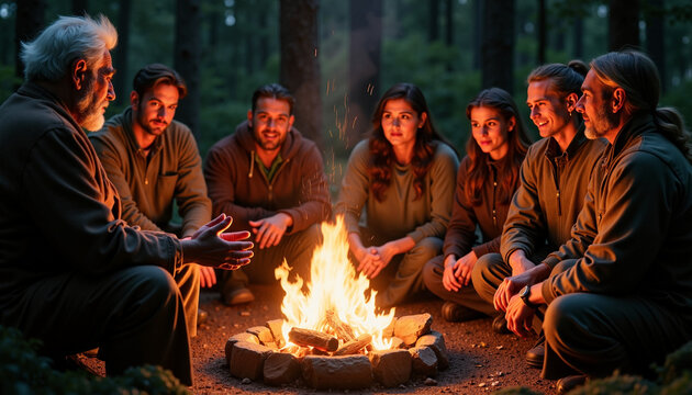 Campfire storytelling with friends gathered around flame in tranquil forest setting. Group of individuals sharing tales near flickering fire, creating memorable bonding moments.
