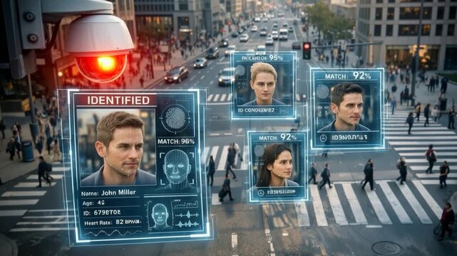 Surveillance camera with facial recognition technology monitoring busy city street. Security system identifying pedestrians with digital data overlays. Static wide shot.