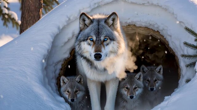 A blue-eyed grey wolf stands protectively at the entrance of a snow-covered den with three small wolf pups huddled beside her in a winter forest