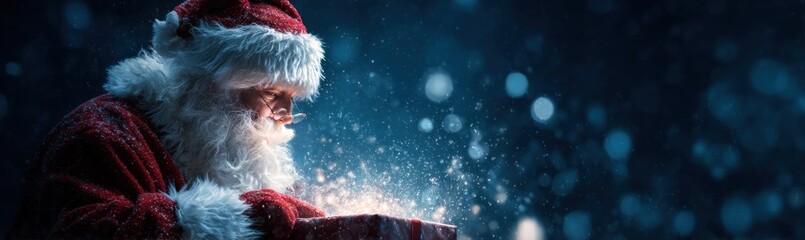 Santa Claus in a red suit and hat holding a glowing box on a snowy night.