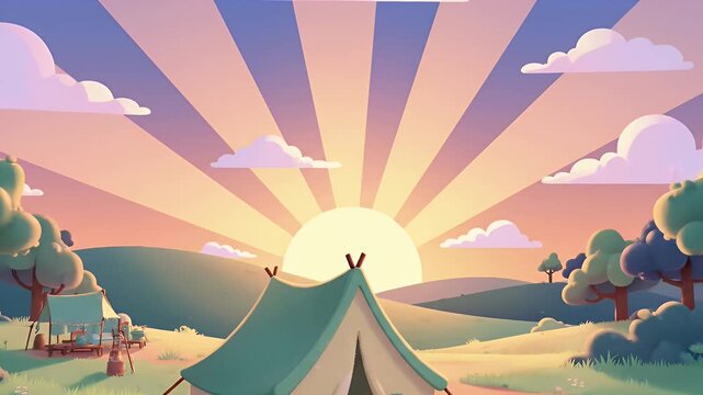 Cute cartoon tent in a vibrant field at sunrise
