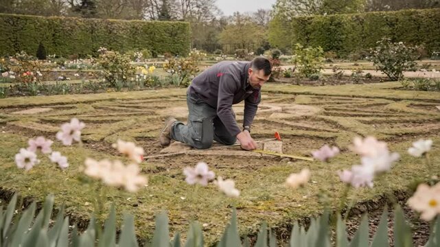 Restoration specialist measuring original parterre outlines with faded spring flowers framing the scene main focus on the precise layout amid diffused greenery.