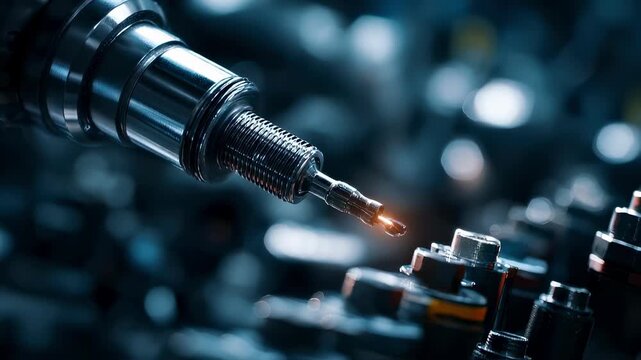 Detailed view of an iridium spark plug being aligned for installation with blurred vehicle components creating depth for a precision replacement scene.