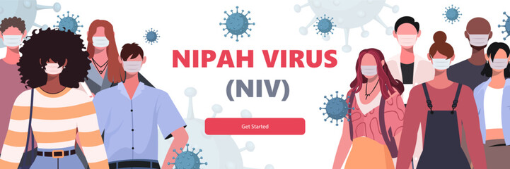 Fototapeta premium Nipah Virus (NIV). Diverse group of people wearing protective face masks. Medicine and health concept. Vector Not AI generated