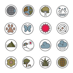 nature icon line color set. editable stroke.  circle vector illustration ,nature, summer, sky, flowers, dog, cat, wate, clouds