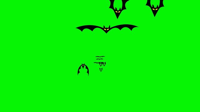 Swarm of bats flying across green screen background