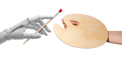 Robotic hand holding paintbrush and human with wooden palette on white background. Artificial intelligence in creative art © New Africa