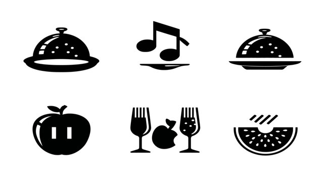 Monochrome vector icons set featuring dining cloches, music notes, apples, champagne flutes, and a bitten fruit. Simple graphic elements.
