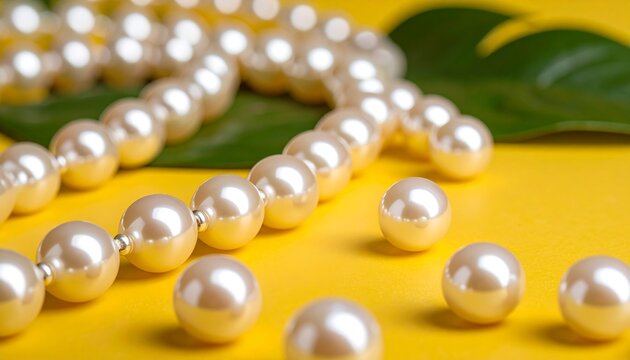 Elegant Pearl Necklace with Green Tropical Leaf on Vibrant Yellow Background for Luxury Jewelry Branding, Summer Fashion, and Sophisticated Lifestyle Concepts
