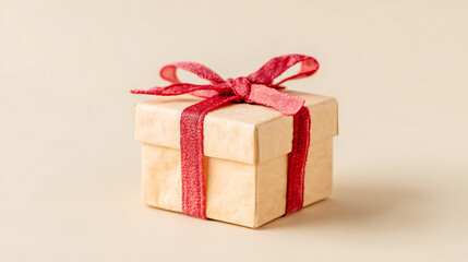 Obraz premium Minimalist Gold Gift Box Wrapped with Red Silk Ribbon Bow on Neutral Background, Luxury Present Concept for Valentine's Day, Birthday, or Anniversary