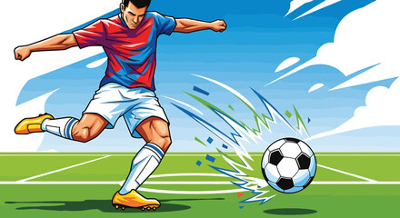 Obraz premium Dynamic illustration of a male soccer player powerfully striking a football on a vibrant green field under a clear blue sky, capturing the excitement of the sport