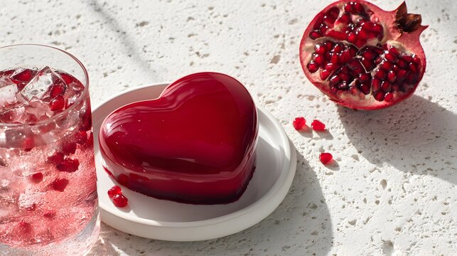 Heart-shaped red dessert on a white plate surrounded by a glass of pink lemonade and a halved pomegranate on a speckled white surface, captured in a still life photography style with soft li