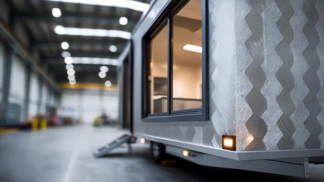 Medium shot of a sleek mobile allied health office pod with sharp focus set inside a spacious warehouse while the background fades softly out of focus.