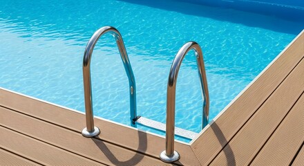 Swimming Pool Ladder Access Point From Wood Decking in an Aquatic Recreational Area