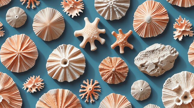 Collection of Fossilized Sea Urchins and Starfish on Blue Background.