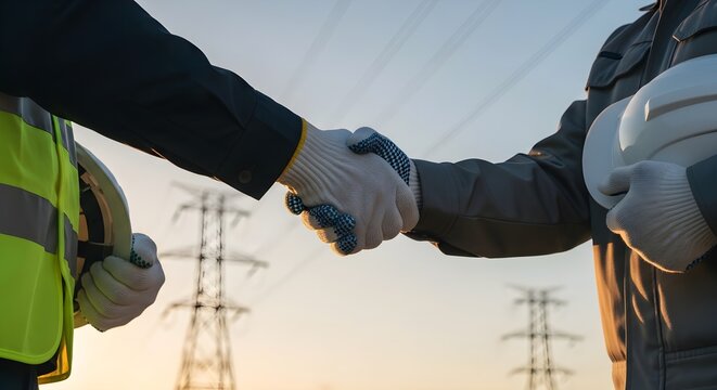 Two Electricians Shaking Hands in Front of High Voltage Power Lines on Sunny Day