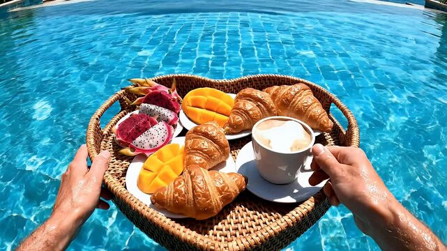 Caucasian traveler hands holding heart shaped food tray in blue pool for romantic honeymoon vacation.