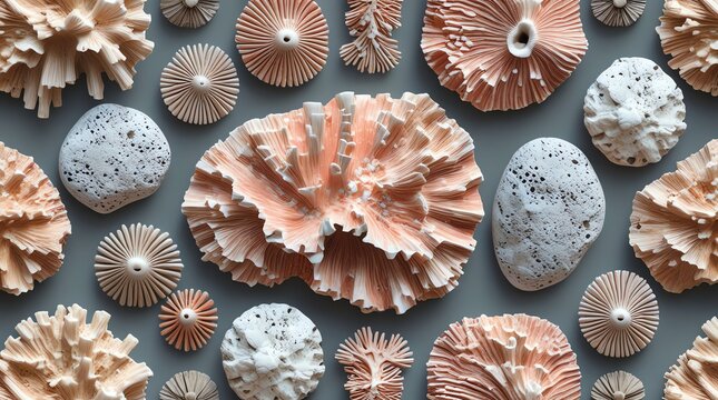Collection of various corals and sea sponges arranged on a flat surface.