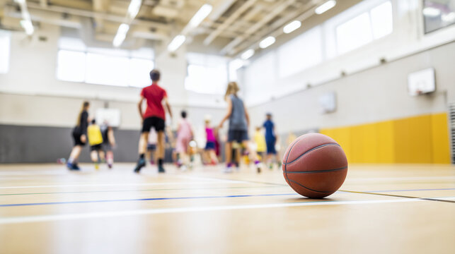 junior basketball training captured during active drill, ball in controlled bounce near the floor, faceless children practicing across the court, modern school gym interior with sp