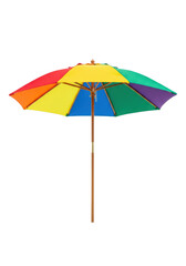 Obraz premium symmetrical, multi-colored patio umbrella with saturated primary/secondary panels and a polished teak pole, isolated on a brilliant white studio void. concept for summer optimism and leisure.