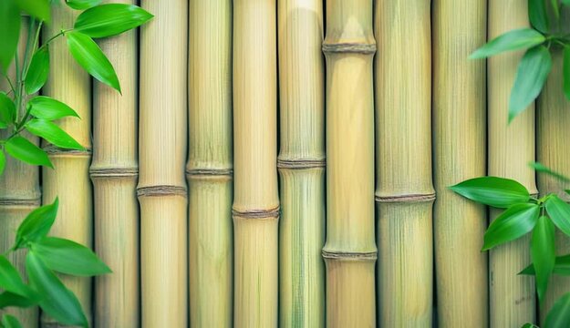 Natural green bamboo fence background with vertical bamboo poles, light tan beige bamboo texture