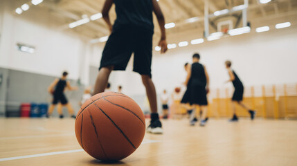Naklejka premium youth basketball training drill in a school gymnasium, basketball bouncing sharply off the wooden floor, faceless junior athletes practicing coordination and teamwork, background p