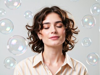 A young woman in a striped white shirt stands serenely surrounded by floating bubbles. Use: beauty ad, travel blog header, wellness magazine spread.