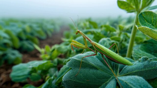 Focused view of a praying mantis on a leaf symbolizing natural pest control with the surrounding crops and fields gently fading into soft focus.