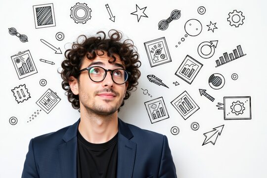 Young man with curly hair and glasses stands against a white background filled with conceptual sketches, symbolizing innovation. Use: business.