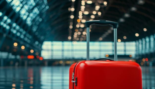 Bright red hard-shell rolling suitcase with telescopic handle standing alone on polished floor in modern train station or airport terminal