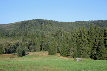Landscape of former, abandoned village Beniowa in Bieszczady Mountains, Poland
