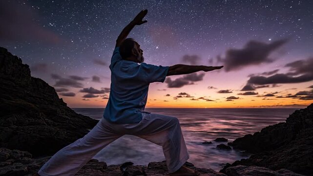 Man practicing yoga warrior pose on rocky coast at sunset, calm mindful fitness outdoors, dramatic purple sky and ocean waves, summer travel wellness vibe