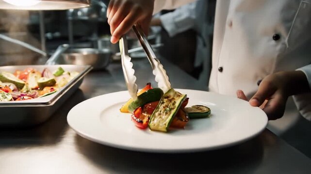 Chef plating gourmet vegetables in restaurant kitchen, precise tongs and white plate for fine dining service, warm culinary craft mood for World Food Day