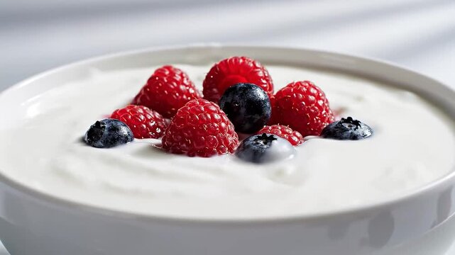 Creamy yogurt bowl with fresh raspberries and blueberries, milk splashes