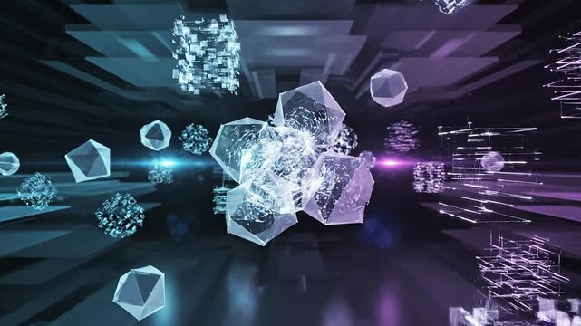 Crystalline structures and geometric shapes float in a digital space