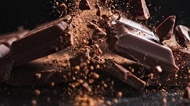 Dark chocolate bar splinters into pieces against black backdrop