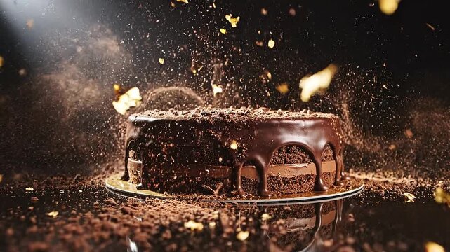 Decadent chocolate cake explodes with rich cocoa and golden flakes